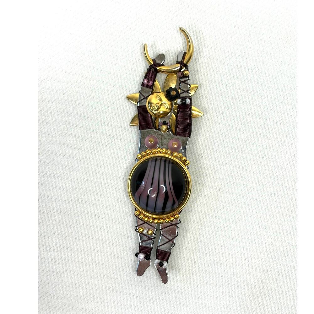 LIZTECH signed Purple Usha Brooch Pendant 1990s Goddess Moon (FLAW) Glass Metal